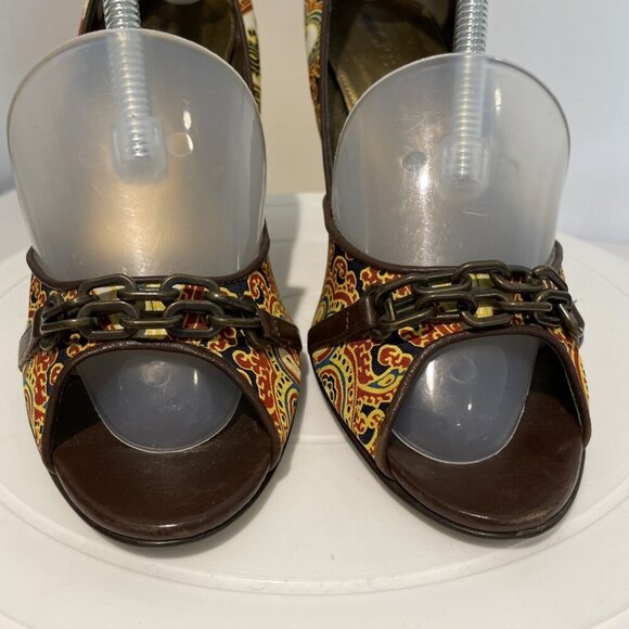 J. CREW Open Toe Heels Shoes Women's 7.5M Colorful Paisley Chain Front Italy - Picture 2 of 11